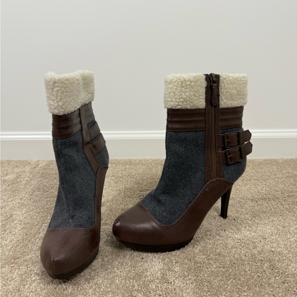 Elle brown and gray heeled boots